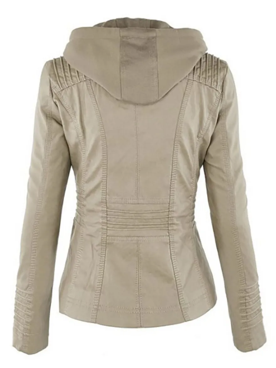 Veste Femme en Cuir Synthétique à Capuche avec Manches Longues à Zip Unicolore