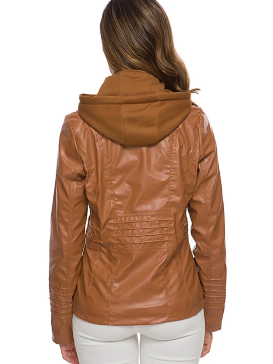 Veste Femme en Cuir Synthétique à Capuche avec Manches Longues à Zip Unicolore