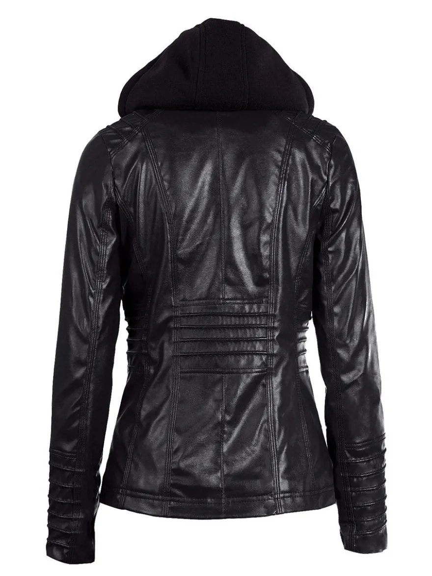 Veste Femme en Cuir Synthétique à Capuche avec Manches Longues à Zip Unicolore