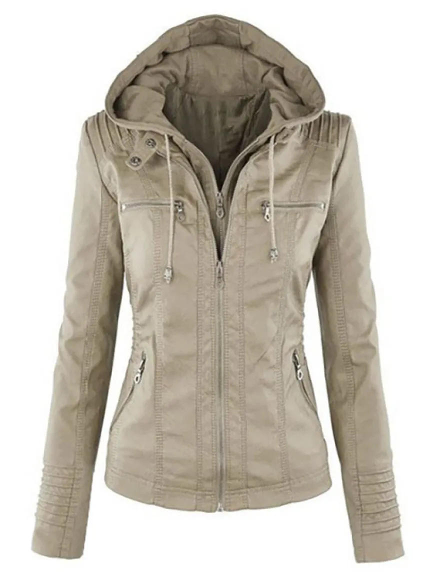 Veste Femme en Cuir Synthétique à Capuche avec Manches Longues à Zip Unicolore