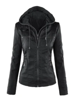 Veste Femme en Cuir Synthétique à Capuche avec Manches Longues à Zip Unicolore