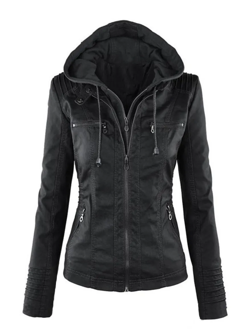 Veste Femme en Cuir Synthétique à Capuche avec Manches Longues à Zip Unicolore