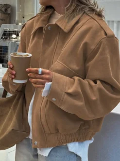 Veste femme style bomber oversize effet daim revers épaulettes ourlet élastique manteau cargo vintage