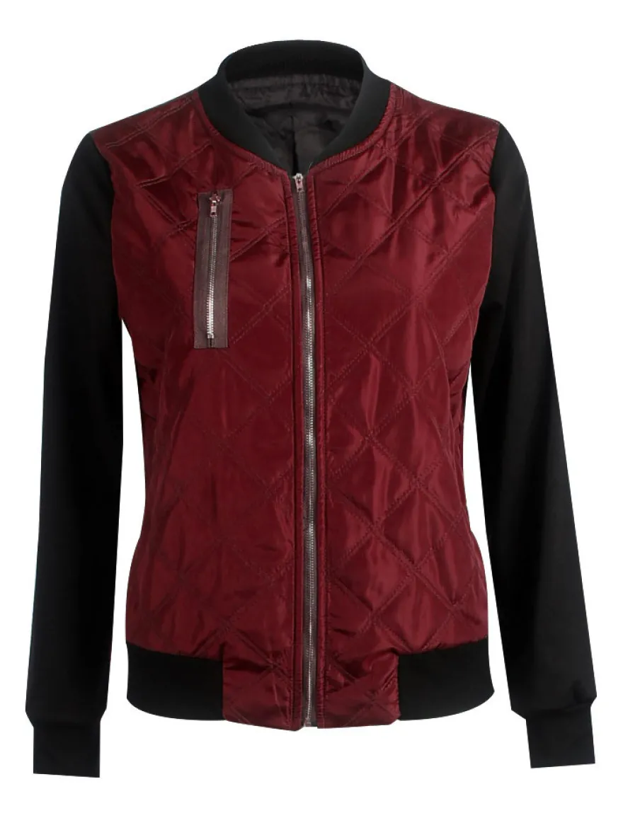 Veste Manteau de Moto Femme à Col Montant avec Manches Longues à Zip avc Poches Cousu Bicolores Manteau Veste Femme