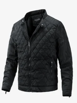 Veste motard décontractée à manches longues pour homme avec fermeture éclair et motif losange en coton