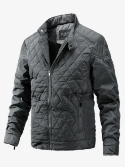 Veste motard décontractée à manches longues pour homme avec fermeture éclair et motif losange en coton