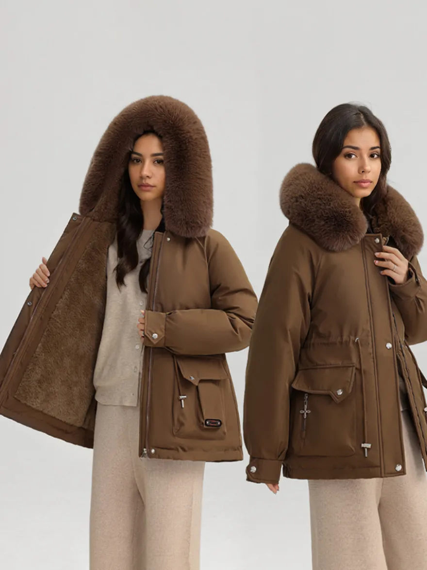 Veste parka épaisse en peluche avec col en fausse fourrure vêtements d'extérieur d'hiver à capuche pour femmes 2026