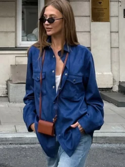 Veste pour femme col rabattu boutons sur le devant style décontracté veste bleue pour femme