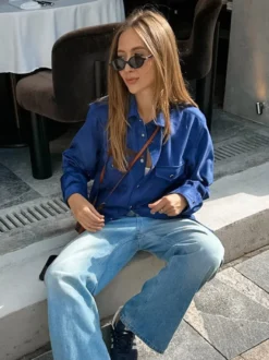 Veste pour femme col rabattu boutons sur le devant style décontracté veste bleue pour femme