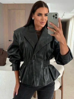 Veste péplum chic en similicuir noir blazer à taille élastique pour femme 2026