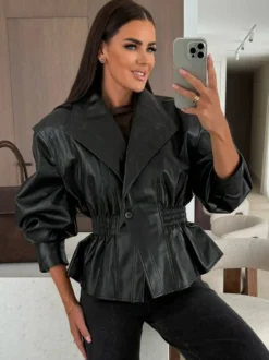 Veste péplum chic en similicuir noir blazer à taille élastique pour femme 2026