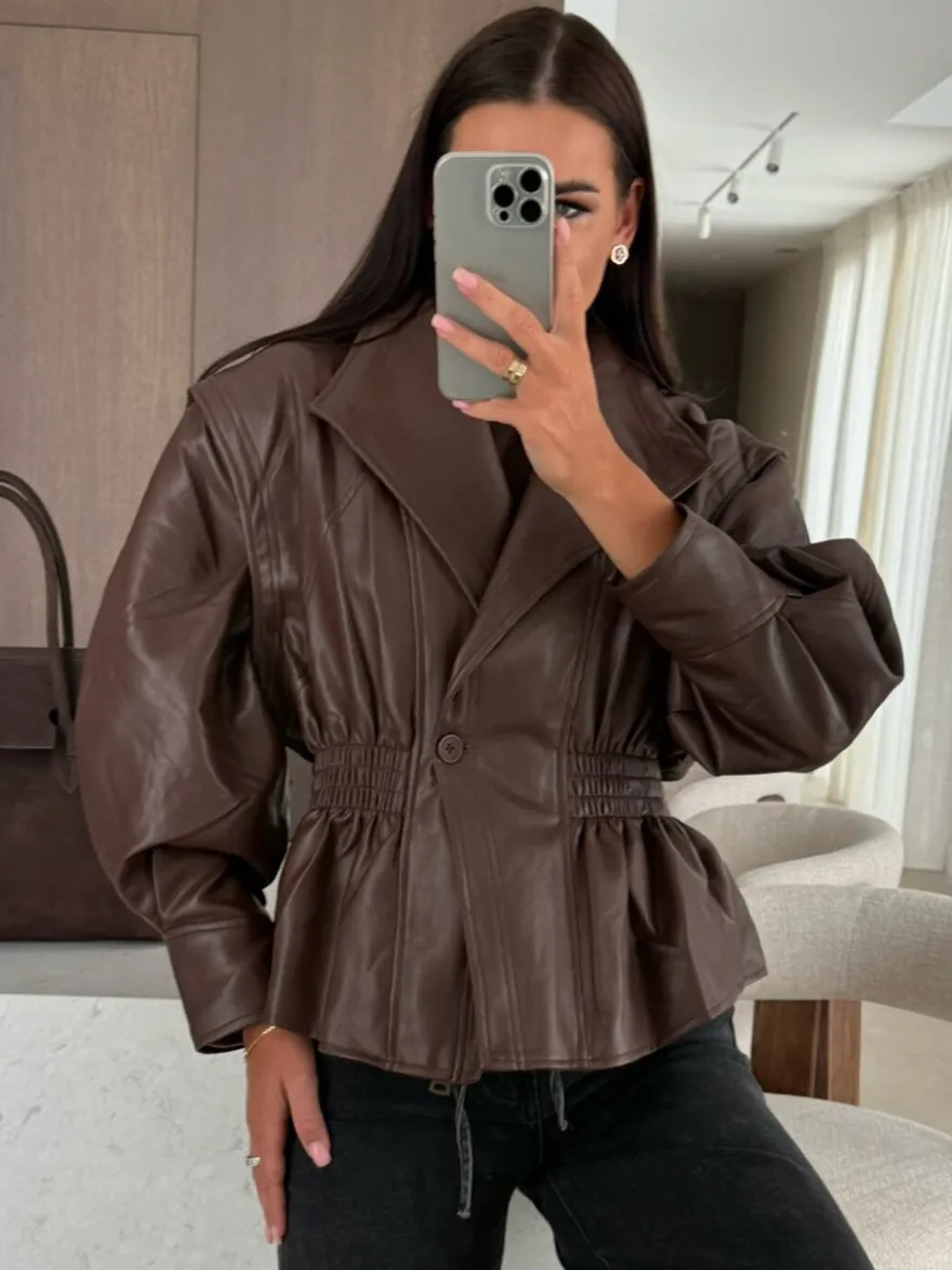 Veste péplum chic en similicuir noir blazer à taille élastique pour femme 2026