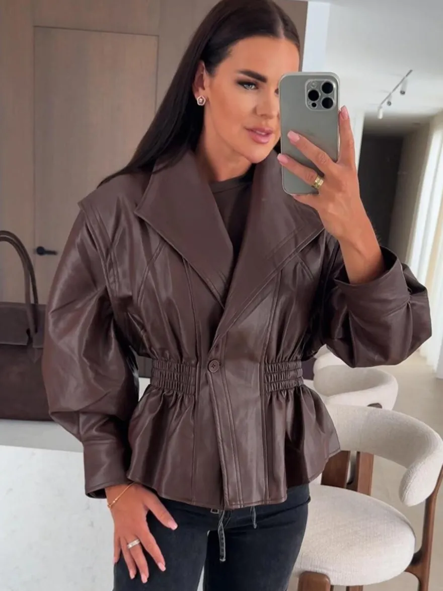 Veste péplum chic en similicuir noir blazer à taille élastique pour femme 2026