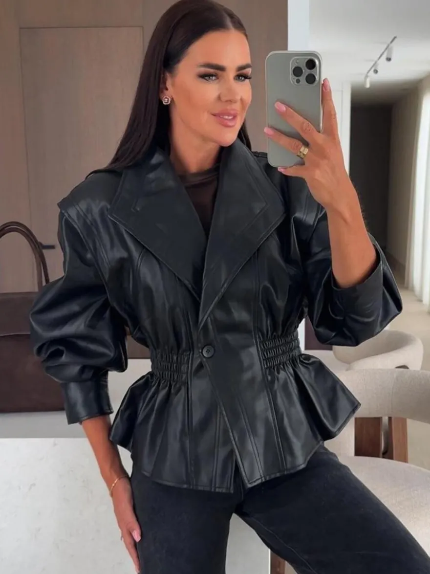 Veste péplum chic en similicuir noir blazer à taille élastique pour femme 2026