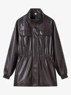 Veste safari en similicuir pour femme - Manteau mi-long à taille élastiquée col montant et poches cargo - Style streetwear chic printemps 2026