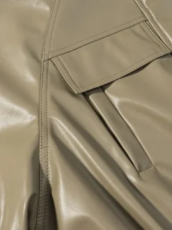 Veste safari en similicuir pour femme - Manteau mi-long à taille élastiquée col montant et poches cargo - Style streetwear chic printemps 2026