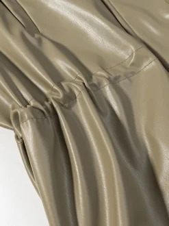 Veste safari en similicuir pour femme - Manteau mi-long à taille élastiquée col montant et poches cargo - Style streetwear chic printemps 2026