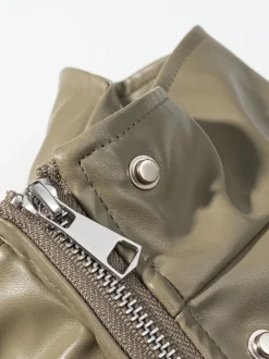 Veste safari en similicuir pour femme - Manteau mi-long à taille élastiquée col montant et poches cargo - Style streetwear chic printemps 2026
