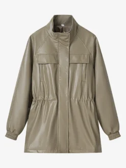 Veste safari en similicuir pour femme - Manteau mi-long à taille élastiquée col montant et poches cargo - Style streetwear chic printemps 2026