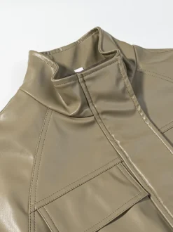 Veste safari en similicuir pour femme - Manteau mi-long à taille élastiquée col montant et poches cargo - Style streetwear chic printemps 2026