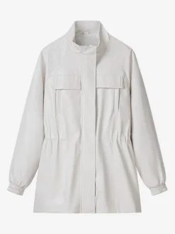 Veste safari en similicuir pour femme - Manteau mi-long à taille élastiquée col montant et poches cargo - Style streetwear chic printemps 2026