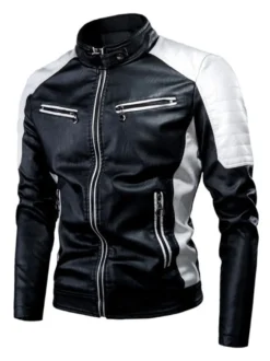 Vestes en cuir pour hommes en cuir PU coupe-vent en patchwork noir manteaux d'hiver