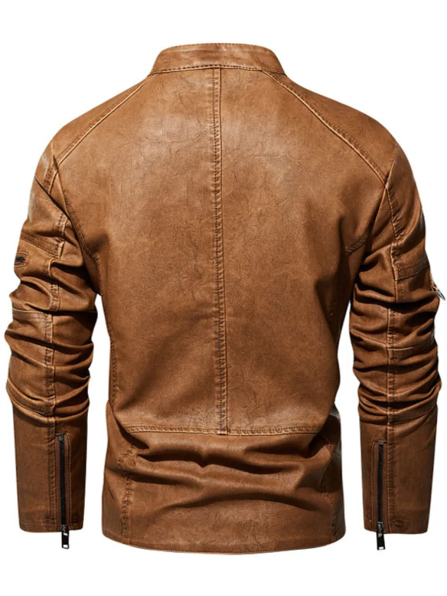 Vestes en similicuir pour hommes Vestes de moto à fermeture éclair de couleur unie