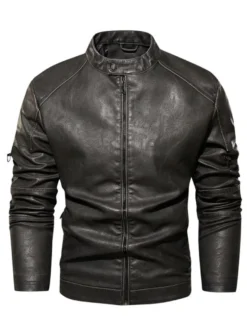 Vestes en similicuir pour hommes Vestes de moto à fermeture éclair de couleur unie