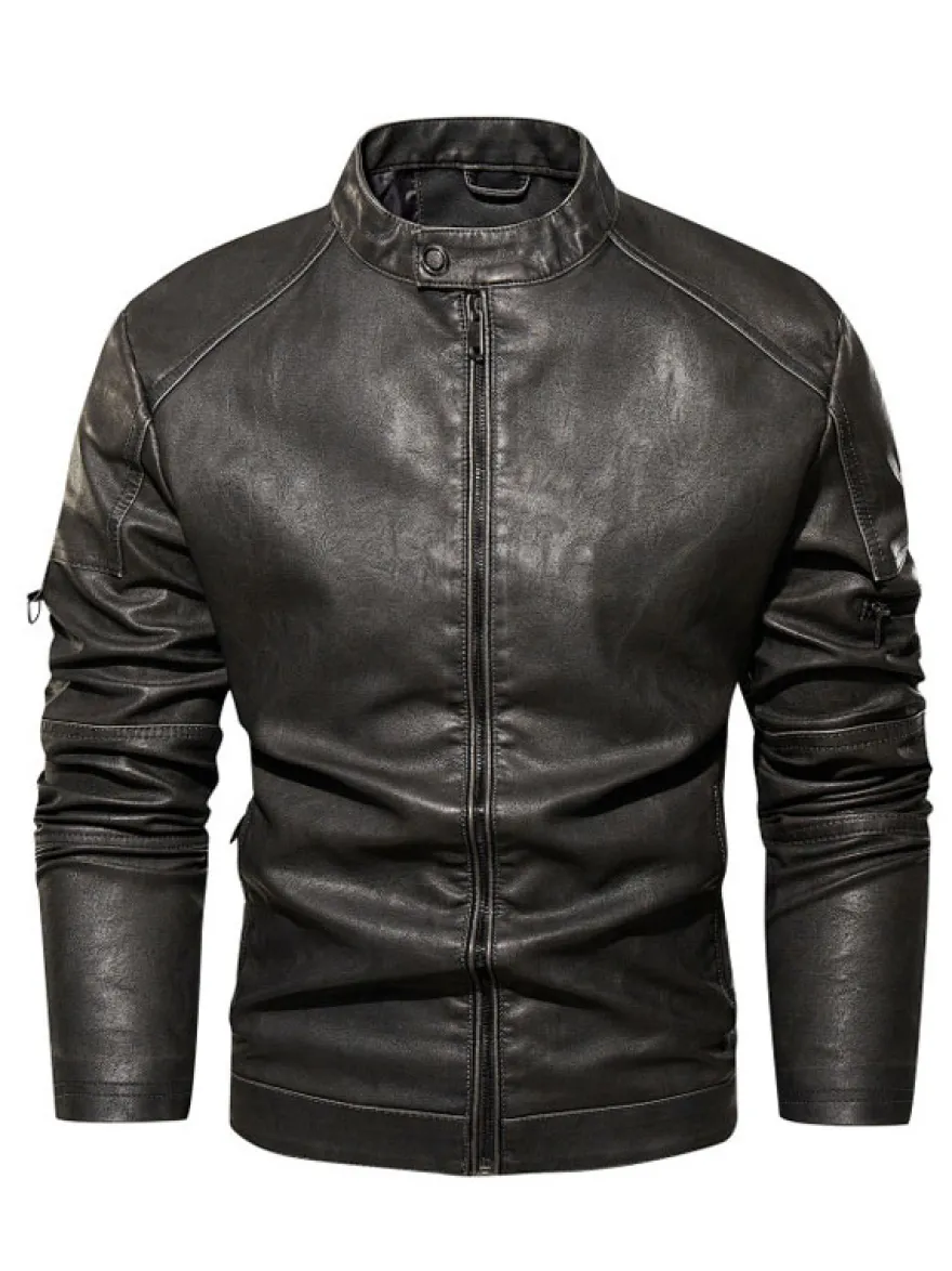 Vestes en similicuir pour hommes Vestes de moto à fermeture éclair de couleur unie
