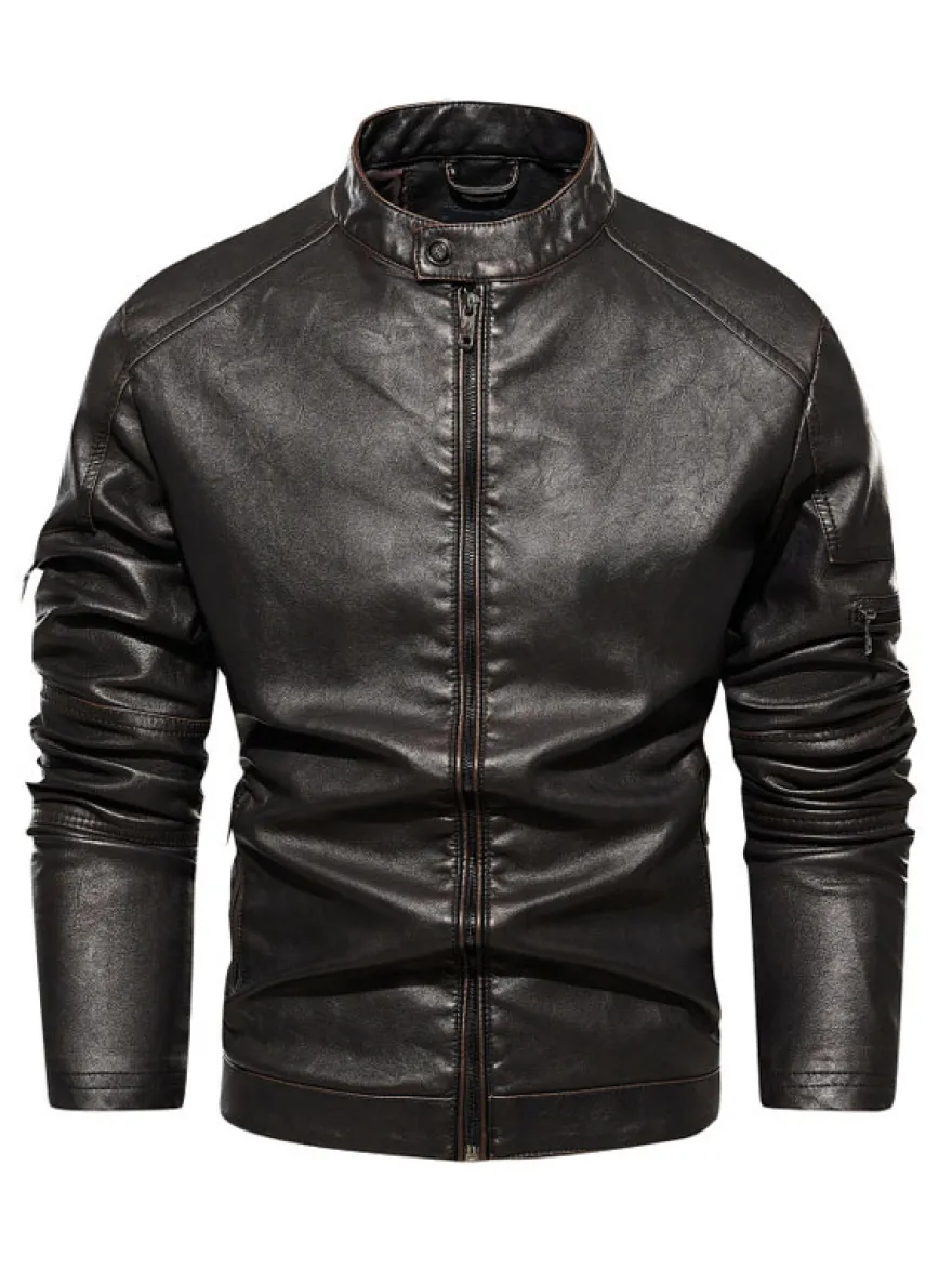 Vestes en similicuir pour hommes Vestes de moto à fermeture éclair de couleur unie