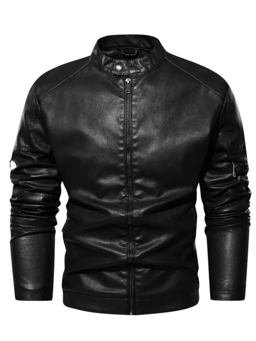 Vestes en similicuir pour hommes Vestes de moto à fermeture éclair de couleur unie
