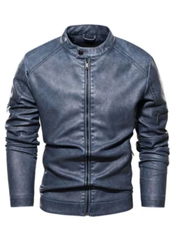 Vestes en similicuir pour hommes Vestes de moto à fermeture éclair de couleur unie