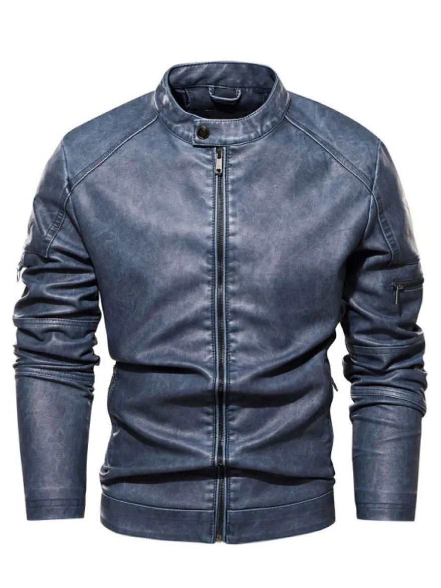 Vestes en similicuir pour hommes Vestes de moto à fermeture éclair de couleur unie