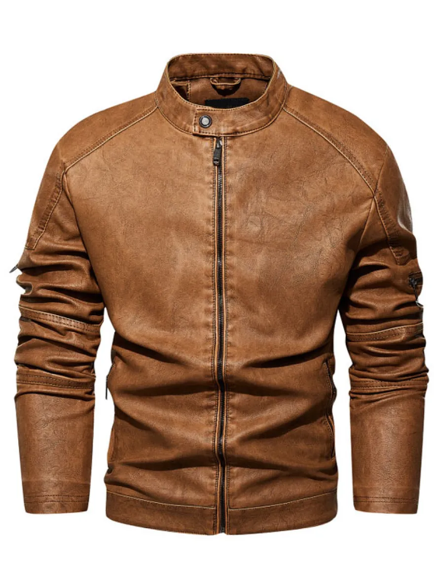 Vestes en similicuir pour hommes Vestes de moto à fermeture éclair de couleur unie