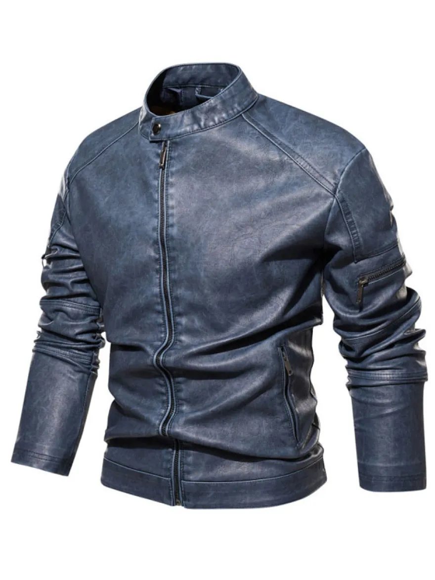 Vestes en similicuir pour hommes Vestes de moto à fermeture éclair de couleur unie