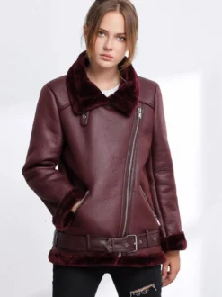 Vestes Manteau Moto Femmes à Cuir Synthétique Cousu Fausse Fourrure à Col Revers avec Manches Longues avec Poches Unicolore