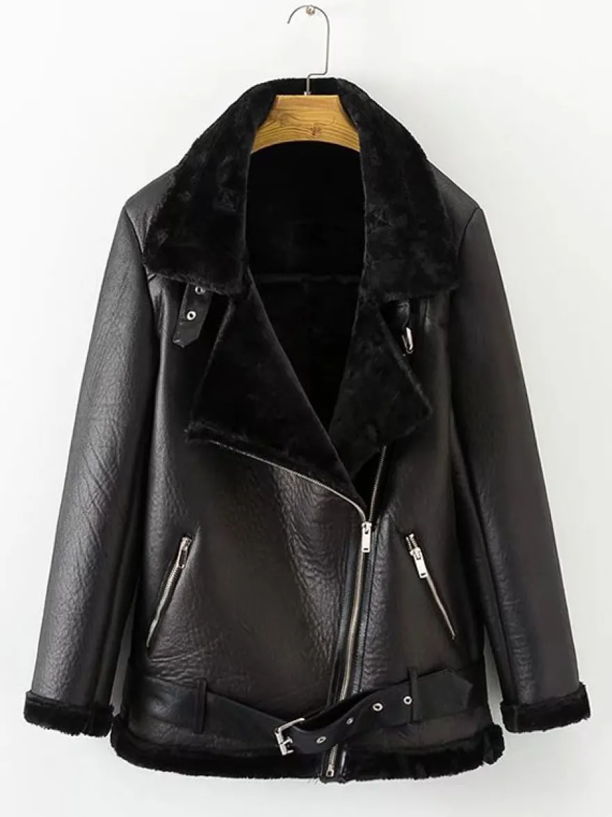 Vestes Manteau Moto Femmes à Cuir Synthétique Cousu Fausse Fourrure à Col Revers avec Manches Longues avec Poches Unicolore