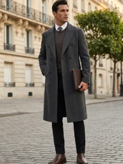 Vestes Pour Hommes Manteaux Long Double Boutonnage Col Rabattu Chic Noir