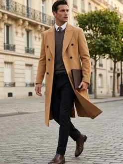 Vestes Pour Hommes Manteaux Long Double Boutonnage Col Rabattu Chic Noir