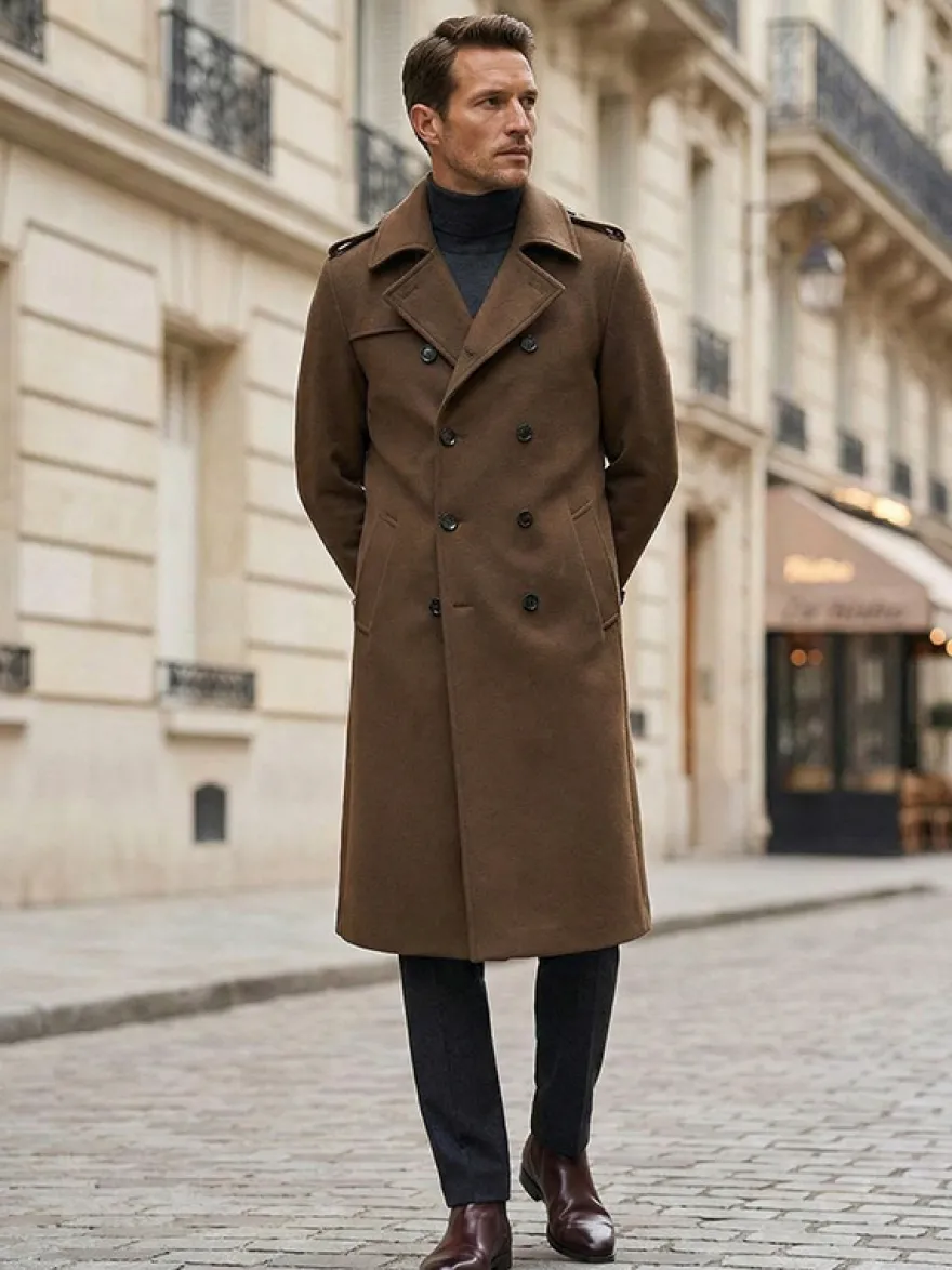 Vestes Pour Hommes Manteaux Long Croisé Col Rabattu Décontracté Camel Élégant