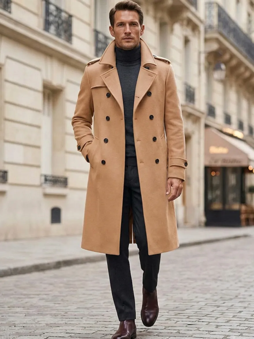 Vestes Pour Hommes Manteaux Long Croisé Col Rabattu Décontracté Camel Élégant