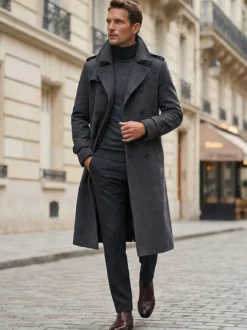 Vestes Pour Hommes Manteaux Long Croisé Col Rabattu Décontracté Camel Élégant