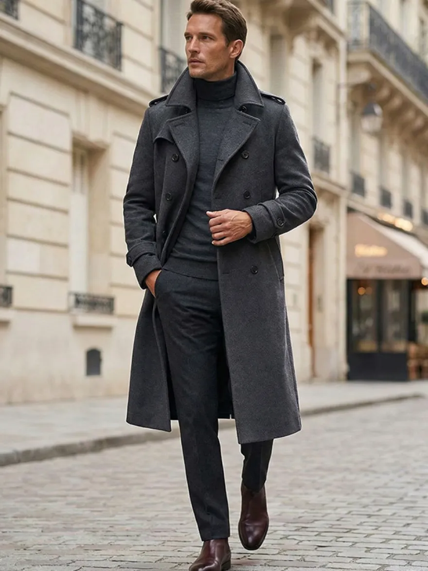 Vestes Pour Hommes Manteaux Long Croisé Col Rabattu Décontracté Camel Élégant