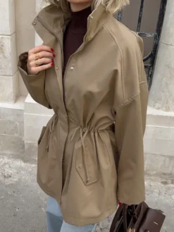 Veste utilitaire en pur coton pour femme - Coupe-vent slim fit à cordon de serrage style chic français - Vêtements d'extérieur décontractés pour le printemps 2026
