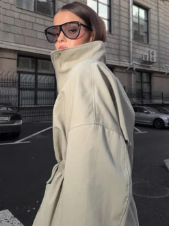 Veste utilitaire en pur coton pour femme - Coupe-vent slim fit à cordon de serrage style chic français - Vêtements d'extérieur décontractés pour le printemps 2026