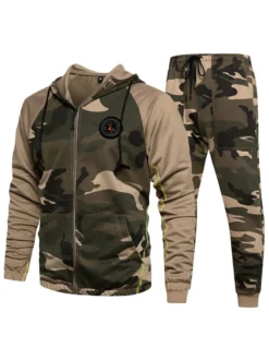 Vêtements d'actif pour hommes 2 pièces Color Block manches longues Kaki