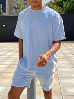 Vêtements d'actif pour hommes 2 pièces manches courtes bijou col bleu