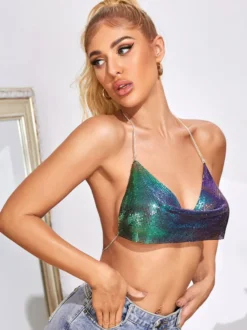 Vêtements de Clubs en Paillettes Taille Haute Gilets avec Bretelles à Col Décolleté en V Tops Sexy Femmes Etés