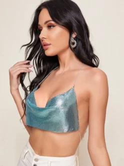 Vêtements de Clubs en Paillettes Taille Haute Gilets avec Bretelles à Col Décolleté en V Tops Sexy Femmes Etés
