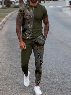 Vêtements de sport pour hommes 2 pièces imprimés à manches courtes col rabattu kaki